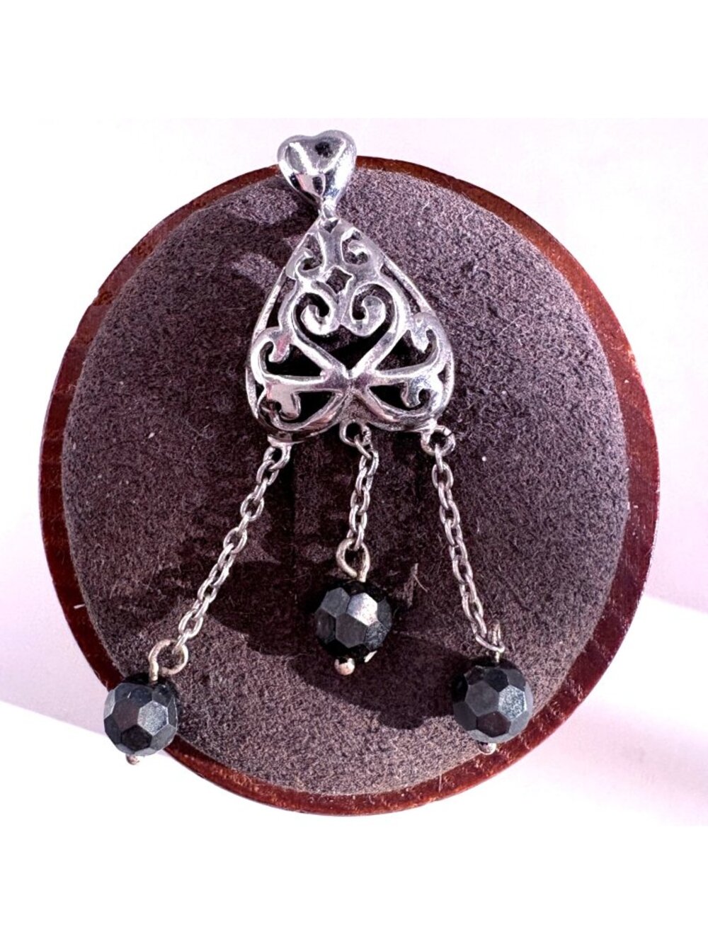 Heart Scroll Faceted Dangling Bead Pendant Sterling Silver 925 Size 2.5" Length